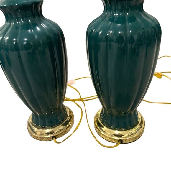 Mid Century Pottery Drip Glazed Table Lamp Green /Gold Lobed Base - Picture 2 of 4